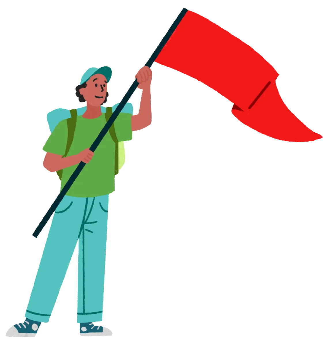 Een wandelaar met een rode vlag