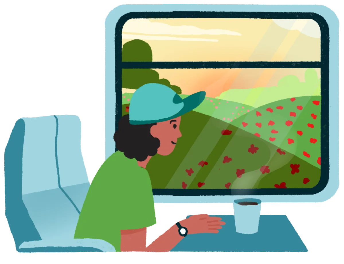 Een reiziger kijkt vanuit een treinraam over een heuvelachtig landschap