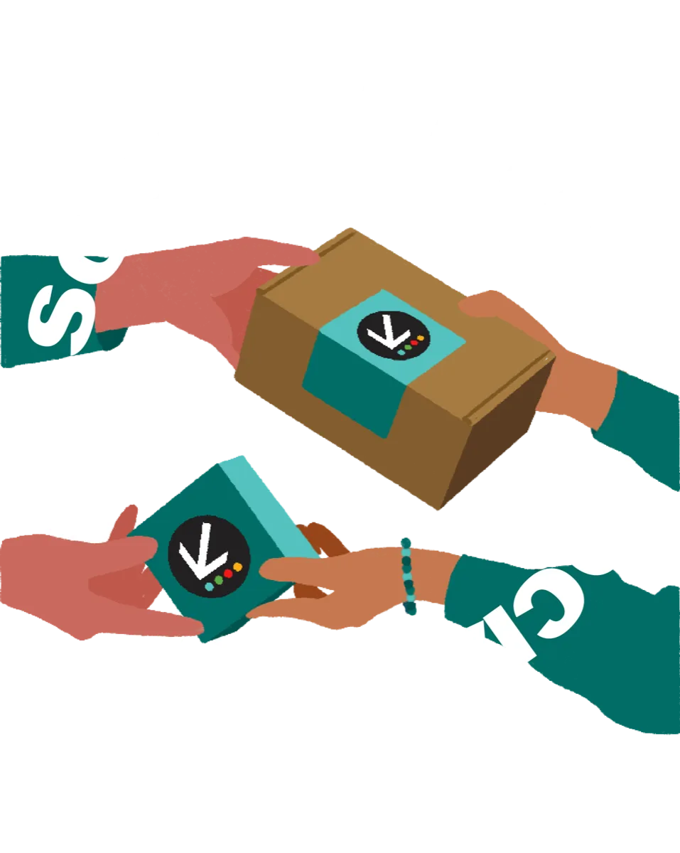 Twee paar handen wisselen een pakket uit, omringd door de tekst Social Return