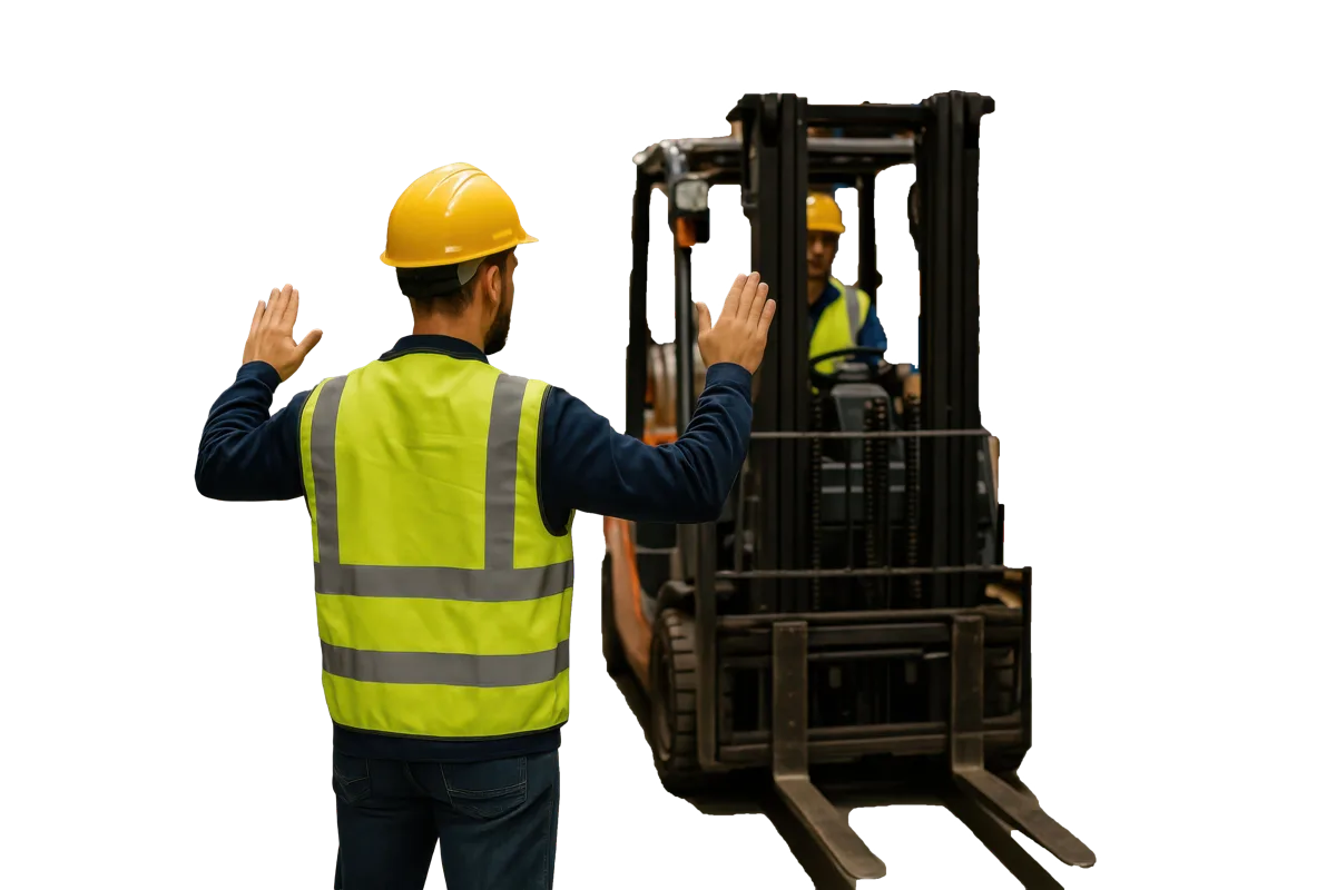 Een medewerker in een veiligheidshesje geeft een heftruck aanwijzingen